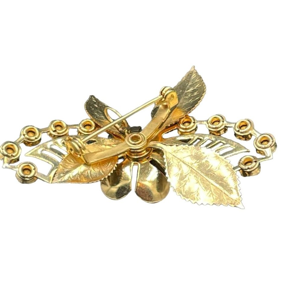 Vintage Clear Rhinestone Crystal Flower Gold Tone Brooch Pin 2.5” - Picture 2 of 4